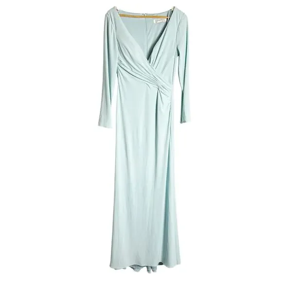 Mac Duggal Light Blue Long Sleeve Ruched Jersey V-Neck Formal Gown Size 4 - Picture 4 of 12